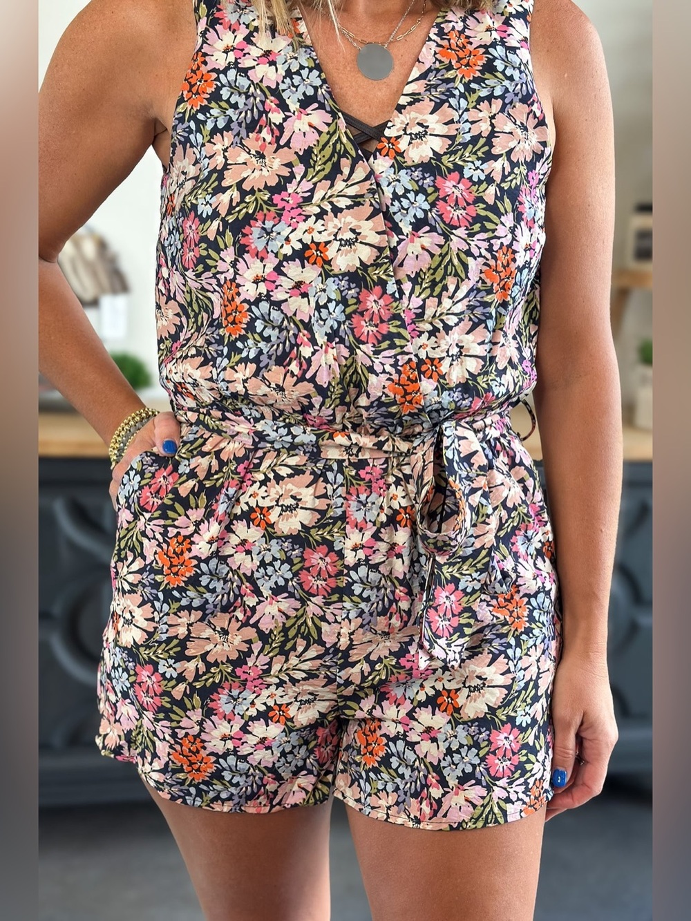 Gilli Black Floral women’s Romper with Pink, Orange & Blue Blooms